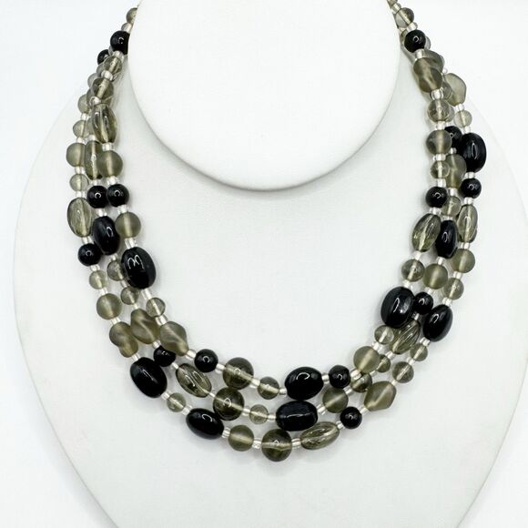 Vintage Germany Black Gray Glass Bead Collar Necklace 3 Strand Satin Glass 17” - Picture 2 of 13